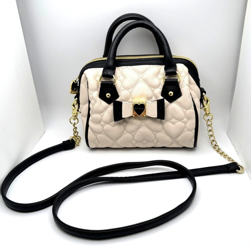 Betsey Johnson Quilted Heart Crossbody Bag  Bow Gold-Tone Hardware Beige Black